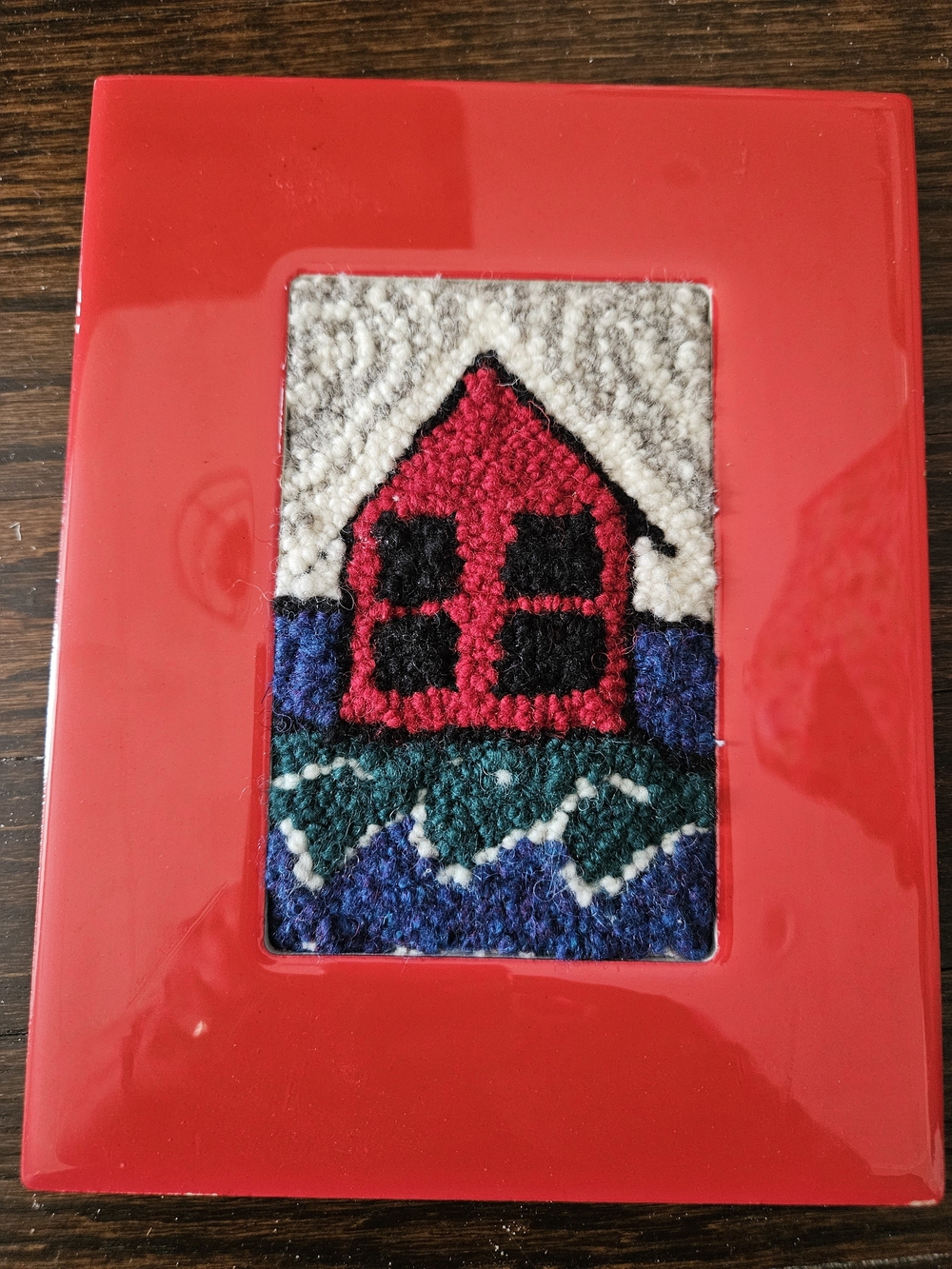 Handmade Red House Hooked Rug Art in Red Frame